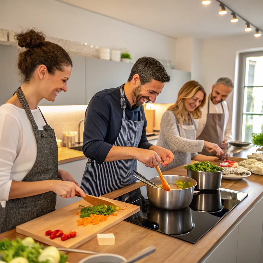 A group of people enjoying a cooking lesson